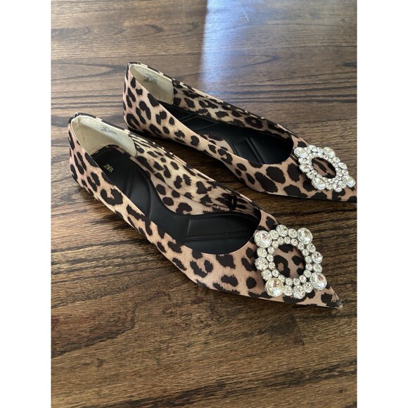 Zara EMBELLISHED ANIMAL PRINT BALLET FLATS Size 38 Rhinestone - Picture 2 of 7